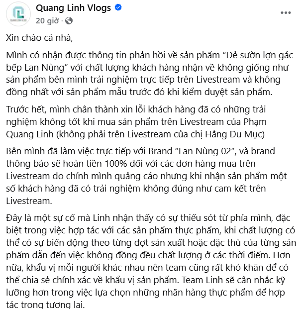 Quang Linh Vlogs xin lỗi vì livestream bán phải hàng kém chất lượng- Ảnh 1.